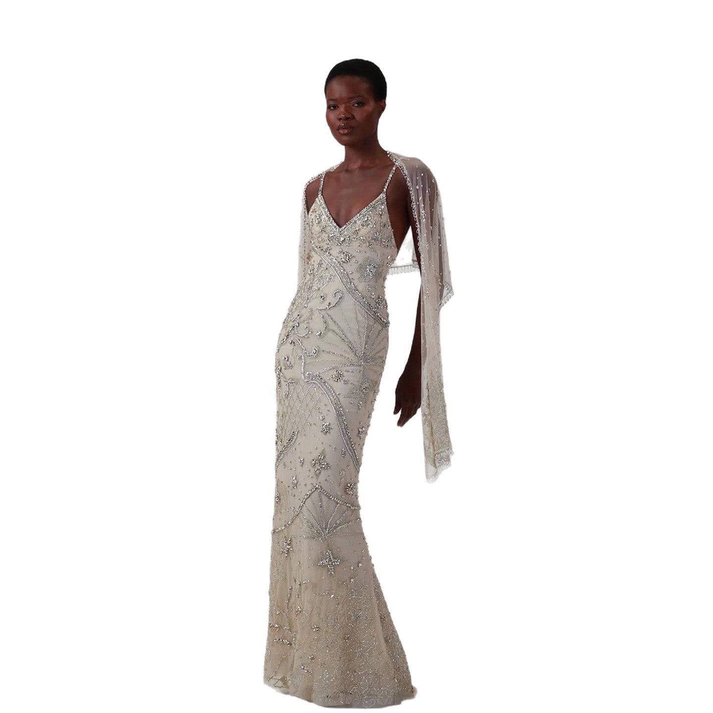 Luxury Champagne Beaded Spaghetti Straps Gown with Detachable Cape LA73801 SERENE HILL