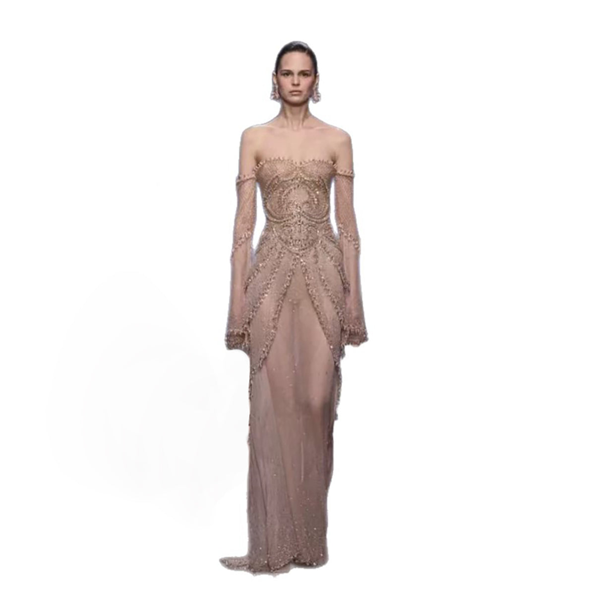 Luxury Nude Pink Beaded Off Shoulder Mermaid Evening Dress LA73801