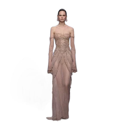 Luxury Nude Pink Beaded Off Shoulder Mermaid Evening Dress LA73801