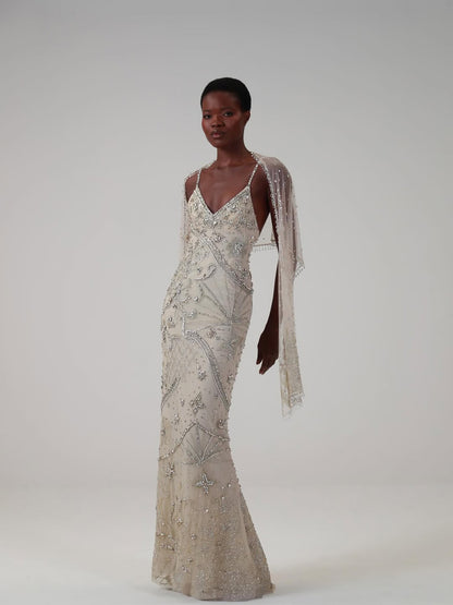 Luxury Champagne Beaded Spaghetti Straps Gown with Detachable Cape LA73801 SERENE HILL