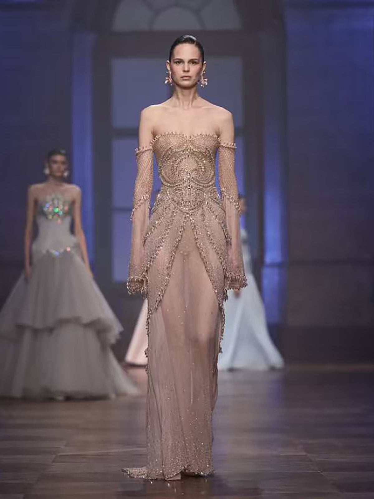 Luxury Nude Pink Beaded Off Shoulder Mermaid Evening Dress LA73801