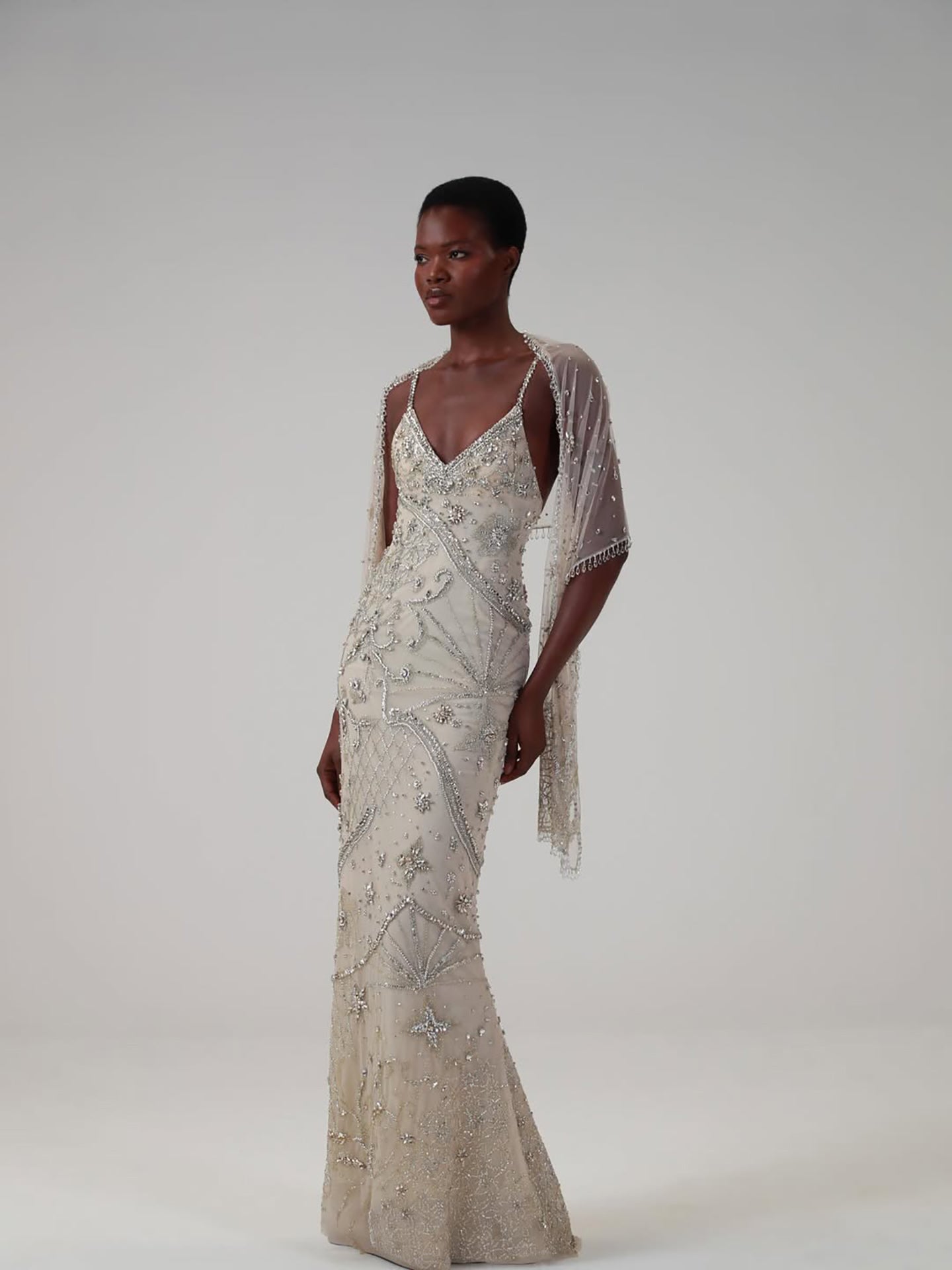 Luxury Champagne Beaded Spaghetti Straps Gown with Detachable Cape LA73801 SERENE HILL