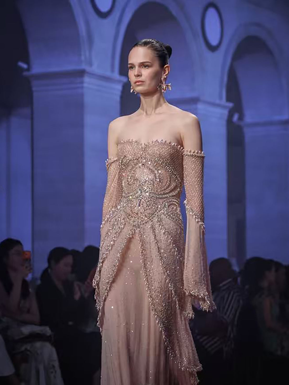 Luxury Nude Pink Beaded Off Shoulder Mermaid Evening Dress LA73801