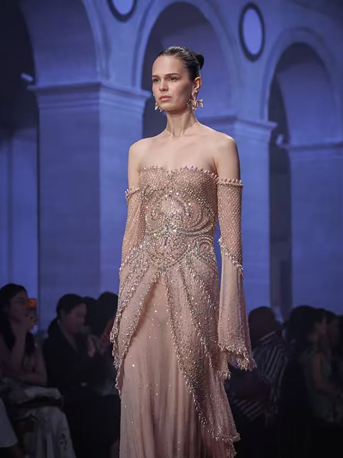 Luxury Nude Pink Beaded Off Shoulder Mermaid Evening Dress LA73801