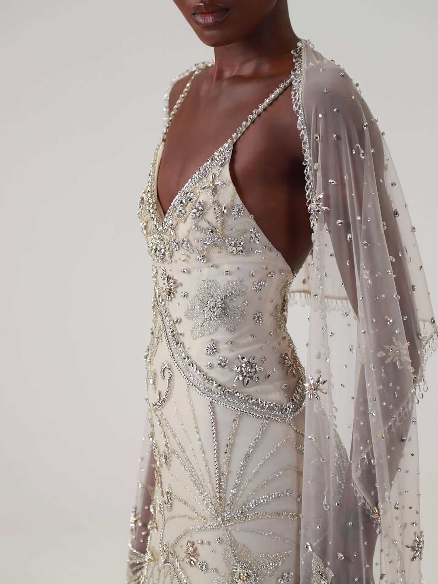 Luxury Champagne Beaded Spaghetti Straps Gown with Detachable Cape LA73801 SERENE HILL