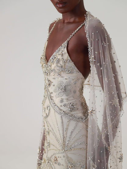 Luxury Champagne Beaded Spaghetti Straps Gown with Detachable Cape LA73801 SERENE HILL