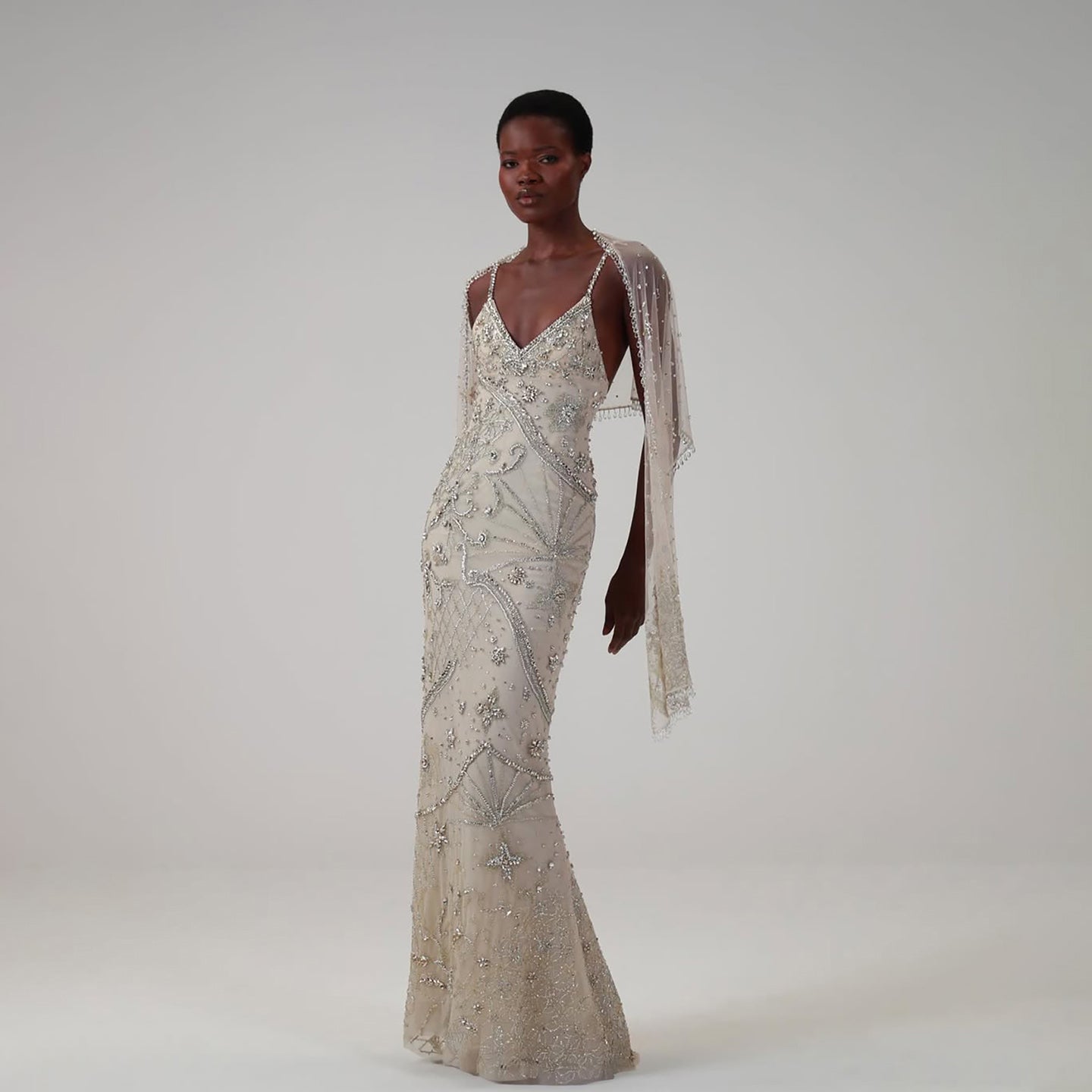 Luxury Champagne Beaded Spaghetti Straps Gown with Detachable Cape LA73801 SERENE HILL