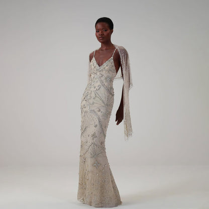 Luxury Champagne Beaded Spaghetti Straps Gown with Detachable Cape LA73801 SERENE HILL