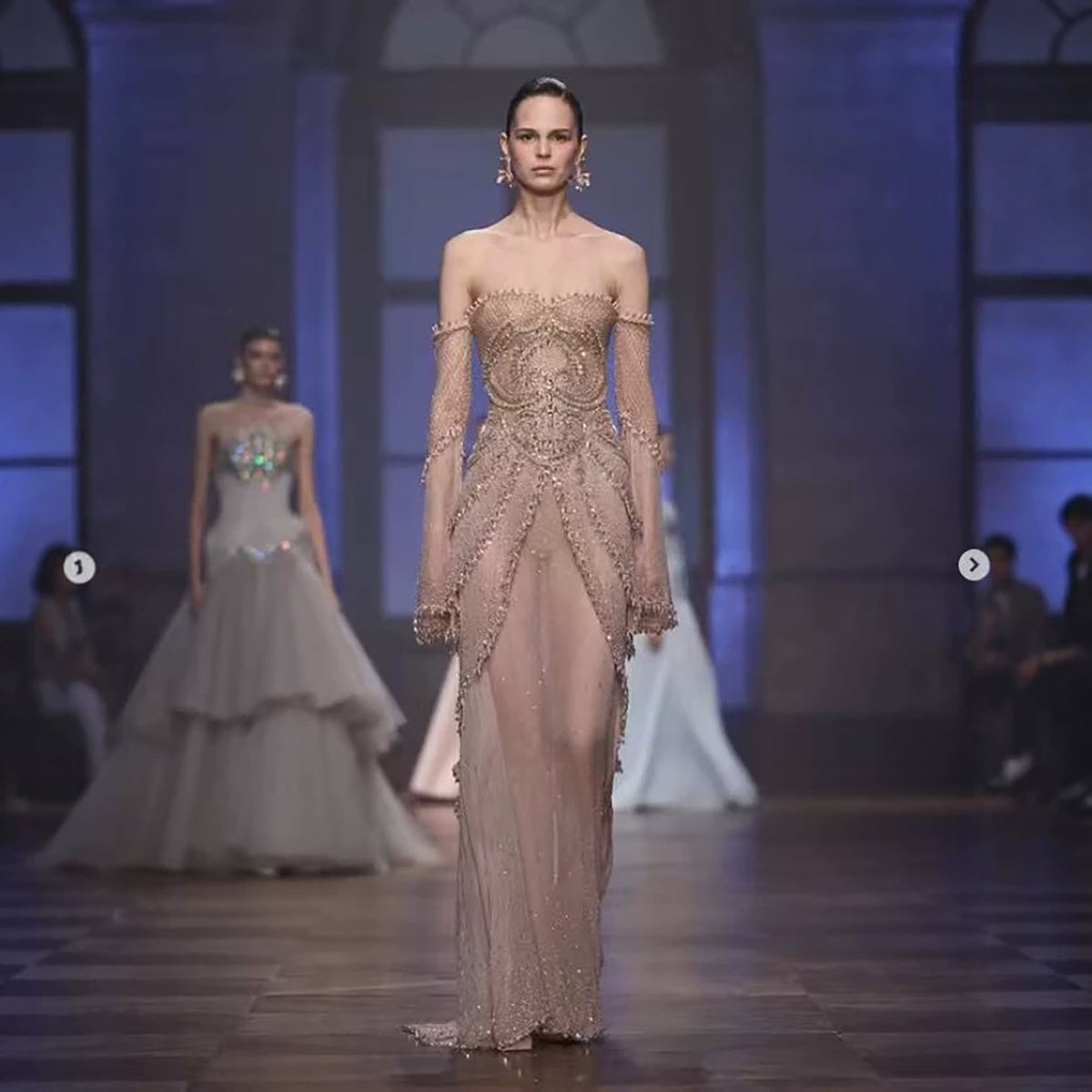 Luxury Nude Pink Beaded Off Shoulder Mermaid Evening Dress LA73801