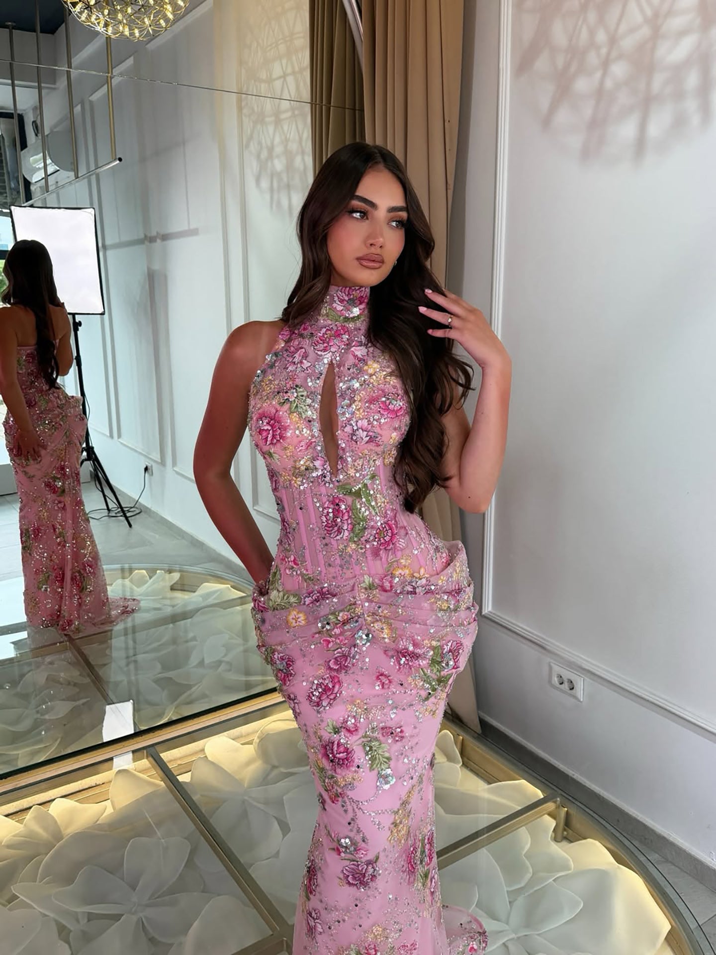 Luxury Peplum Pink Halter Neck Beaded Mermaid Dress LA73802 SERENE HILL