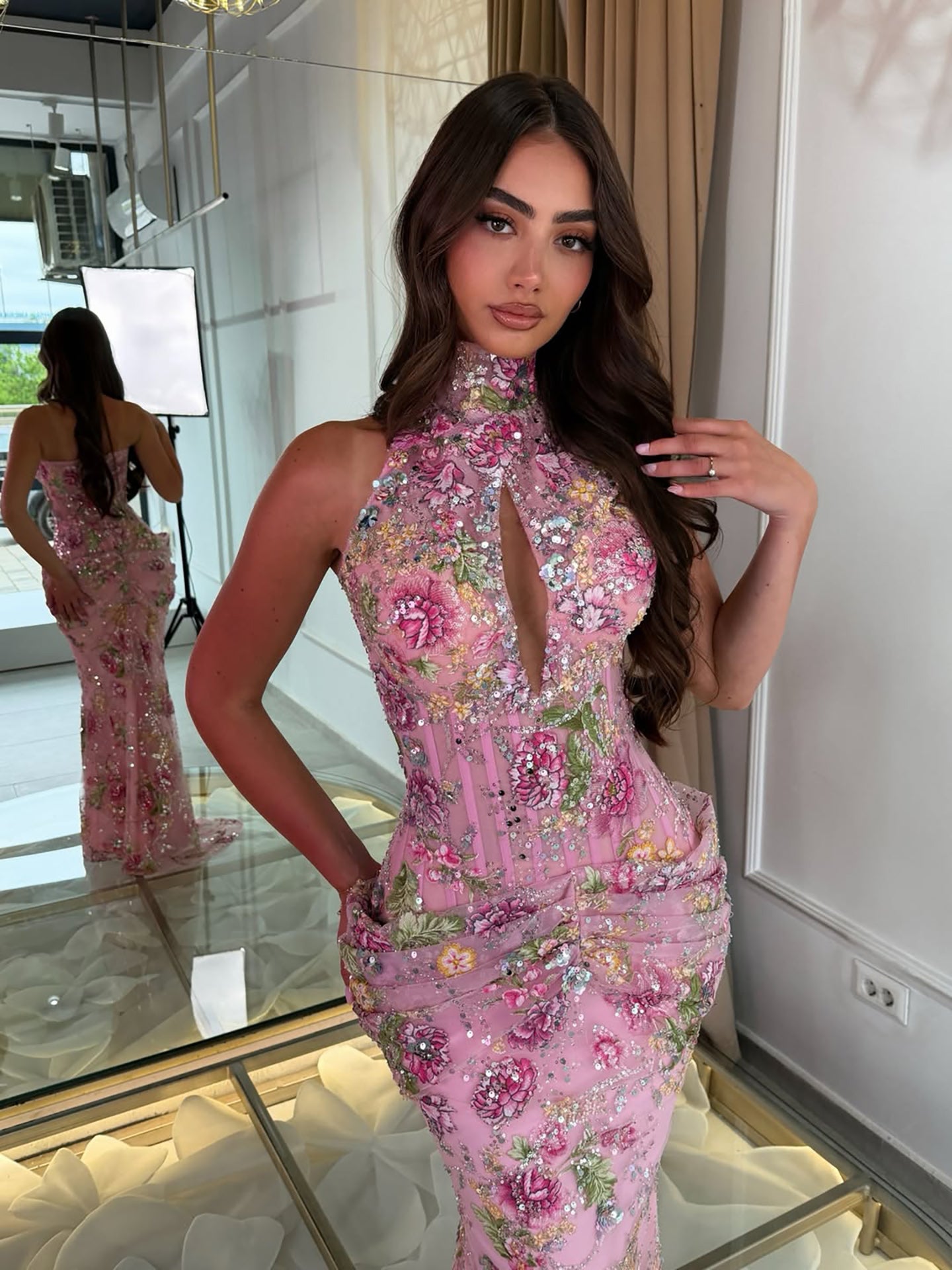 Luxury Peplum Pink Halter Neck Beaded Mermaid Dress LA73802 SERENE HILL