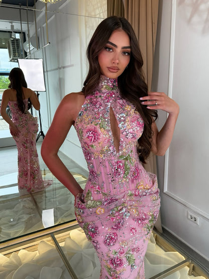 Luxury Peplum Pink Halter Neck Beaded Mermaid Dress LA73802 SERENE HILL