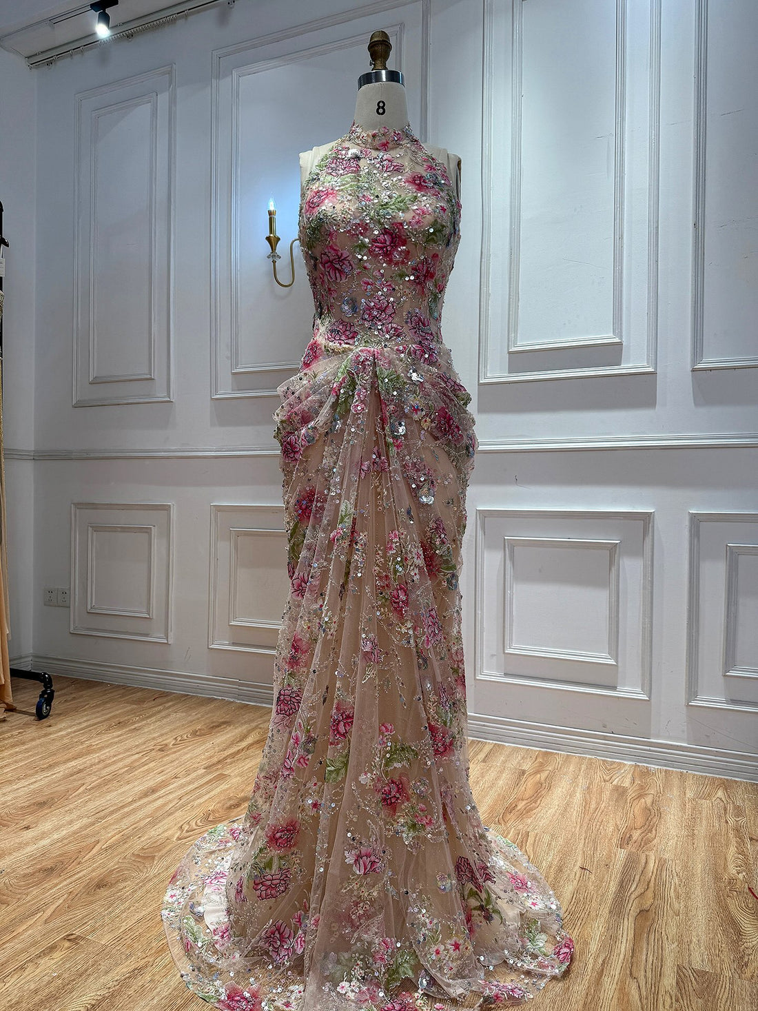 Luxury Peplum Nude Pink Halter Neck Beaded Mermaid Dress LA73802A