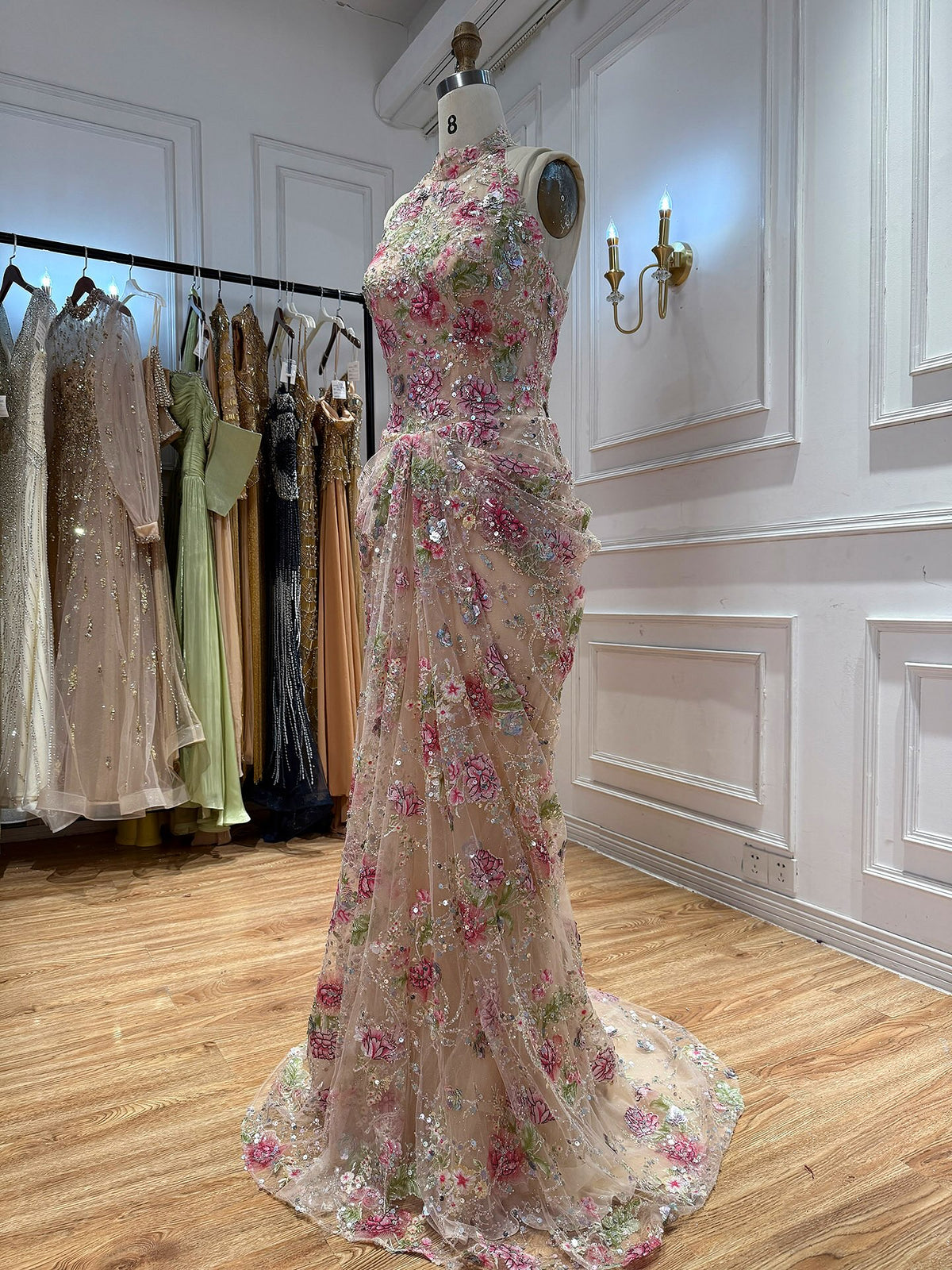 Luxury Peplum Nude Pink Halter Neck Beaded Mermaid Dress LA73802A