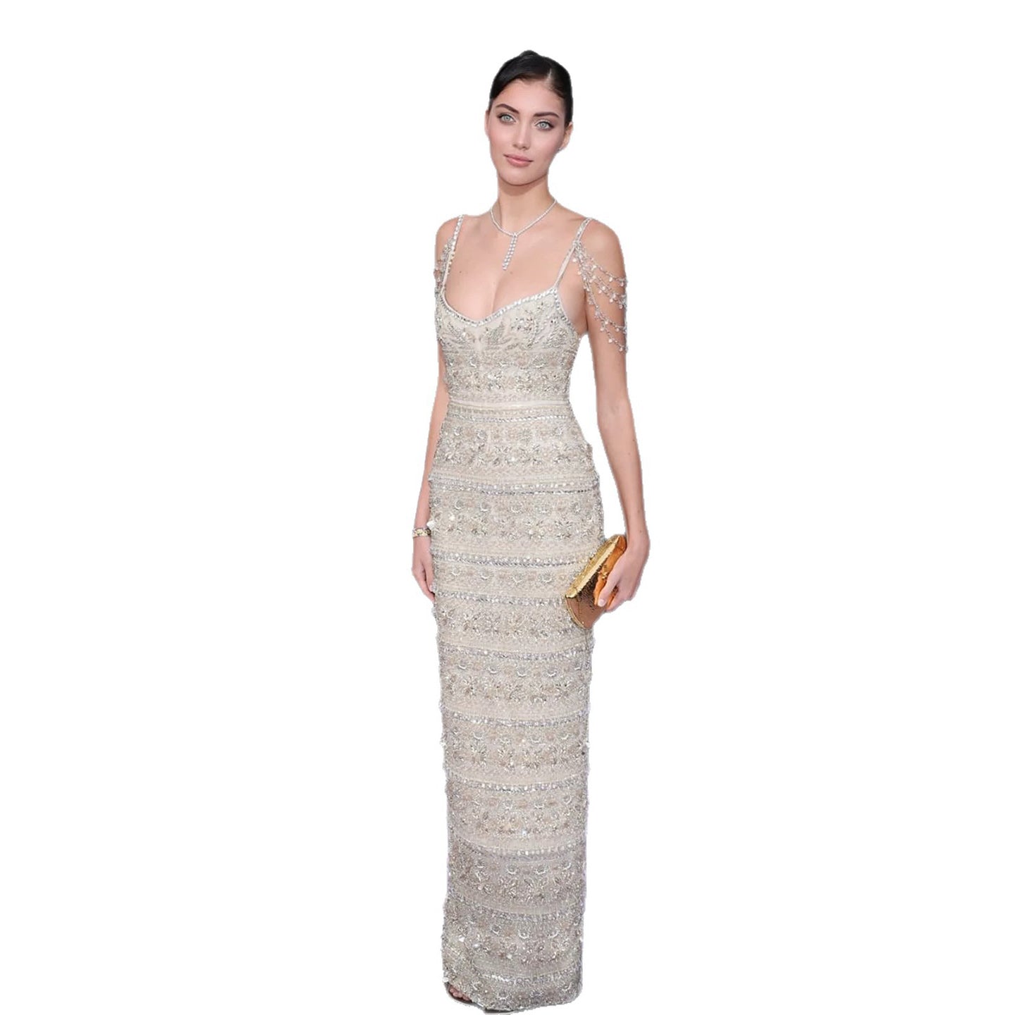 Luxury Champagne Beaded Straight Evening Gown with Back Slit LA73803 SERENE HILL