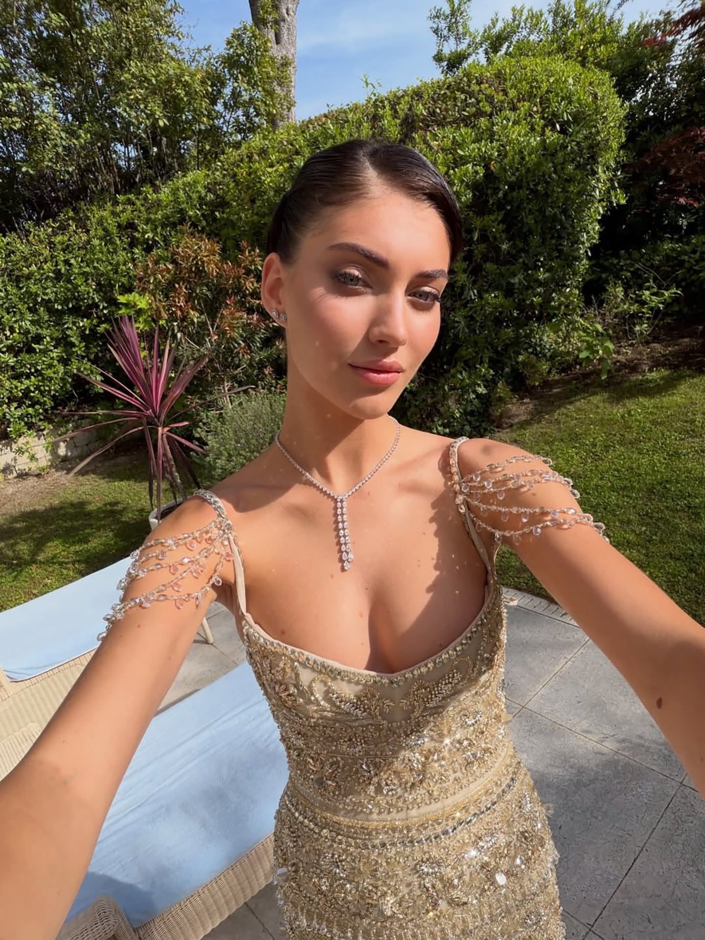 Luxury Champagne Beaded Straight Evening Gown with Back Slit LA73803 SERENE HILL