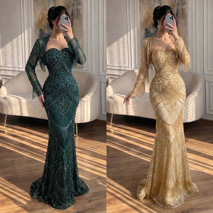 Luxury Dark Green Long Sleeve Beaded Tassel Mermaid Dress LA73804 SERENE HILL