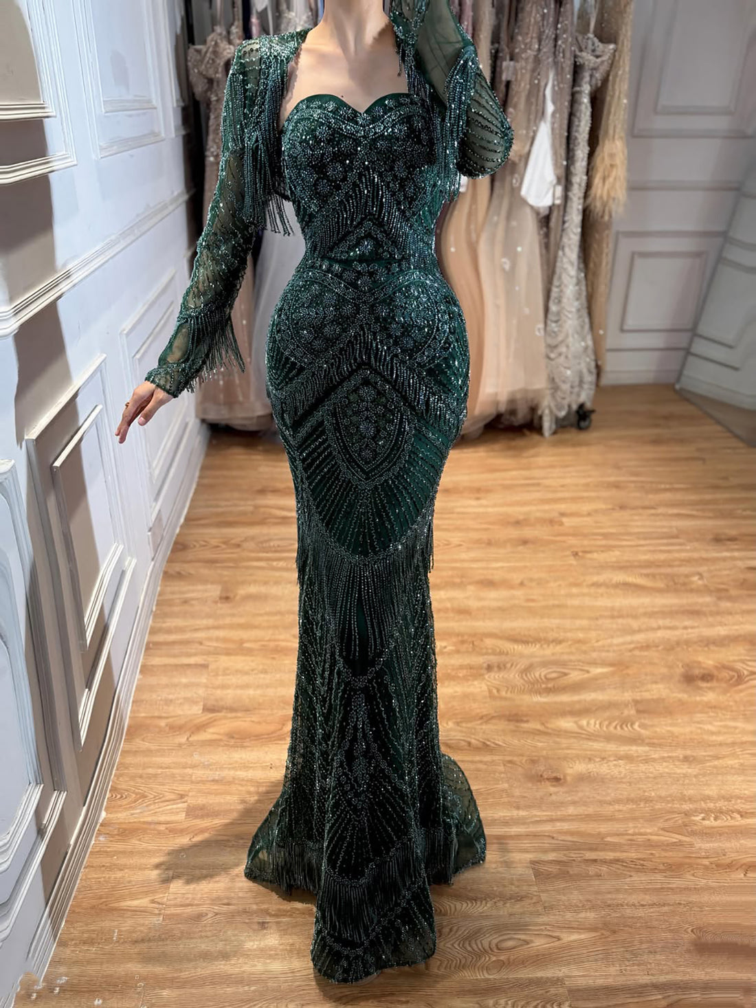 Luxury Dark Green Long Sleeve Beaded Tassel Mermaid Dress LA73804 SERENE HILL