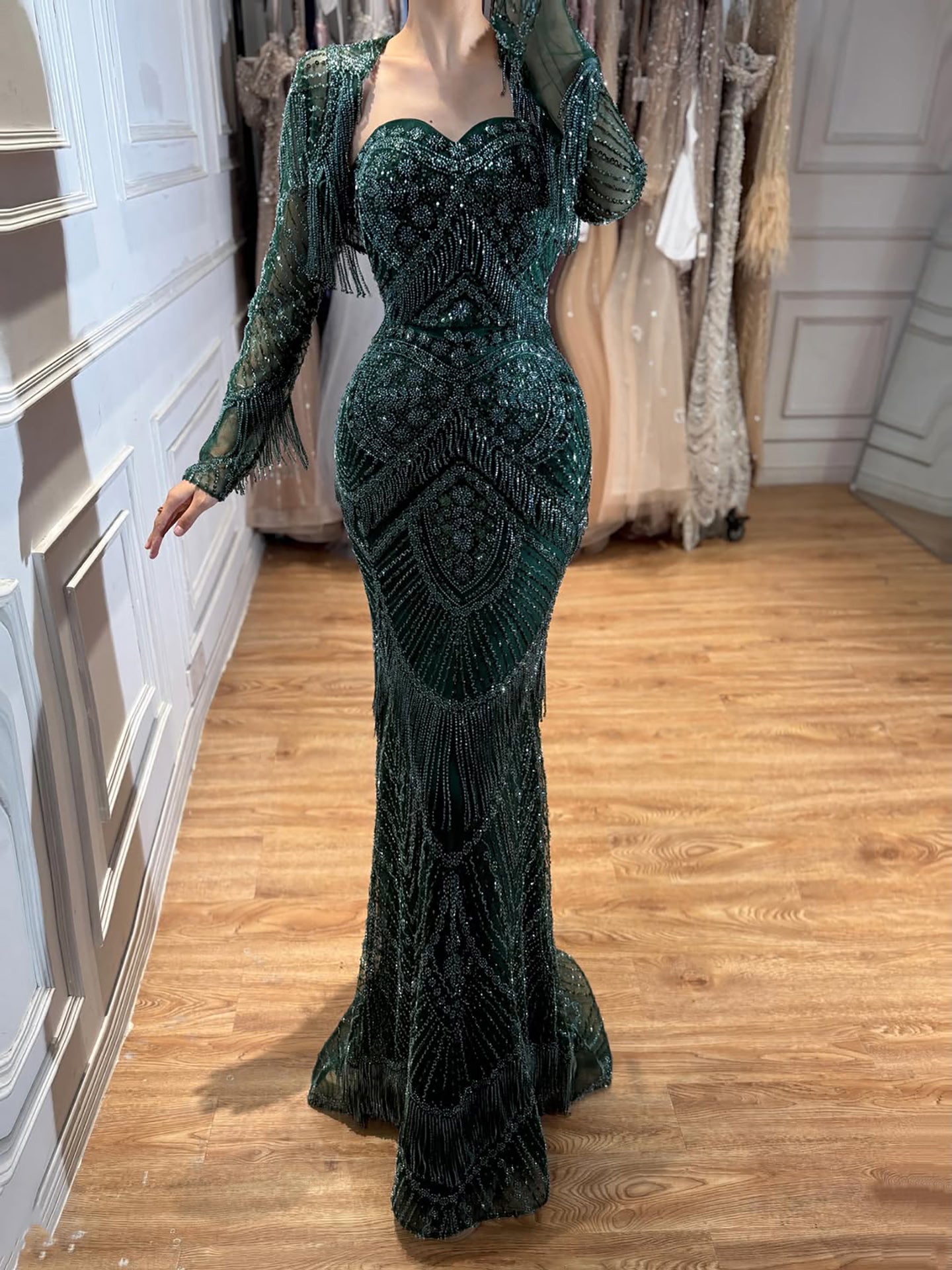 Luxury Dark Green Long Sleeve Beaded Tassel Mermaid Dress LA73804 SERENE HILL