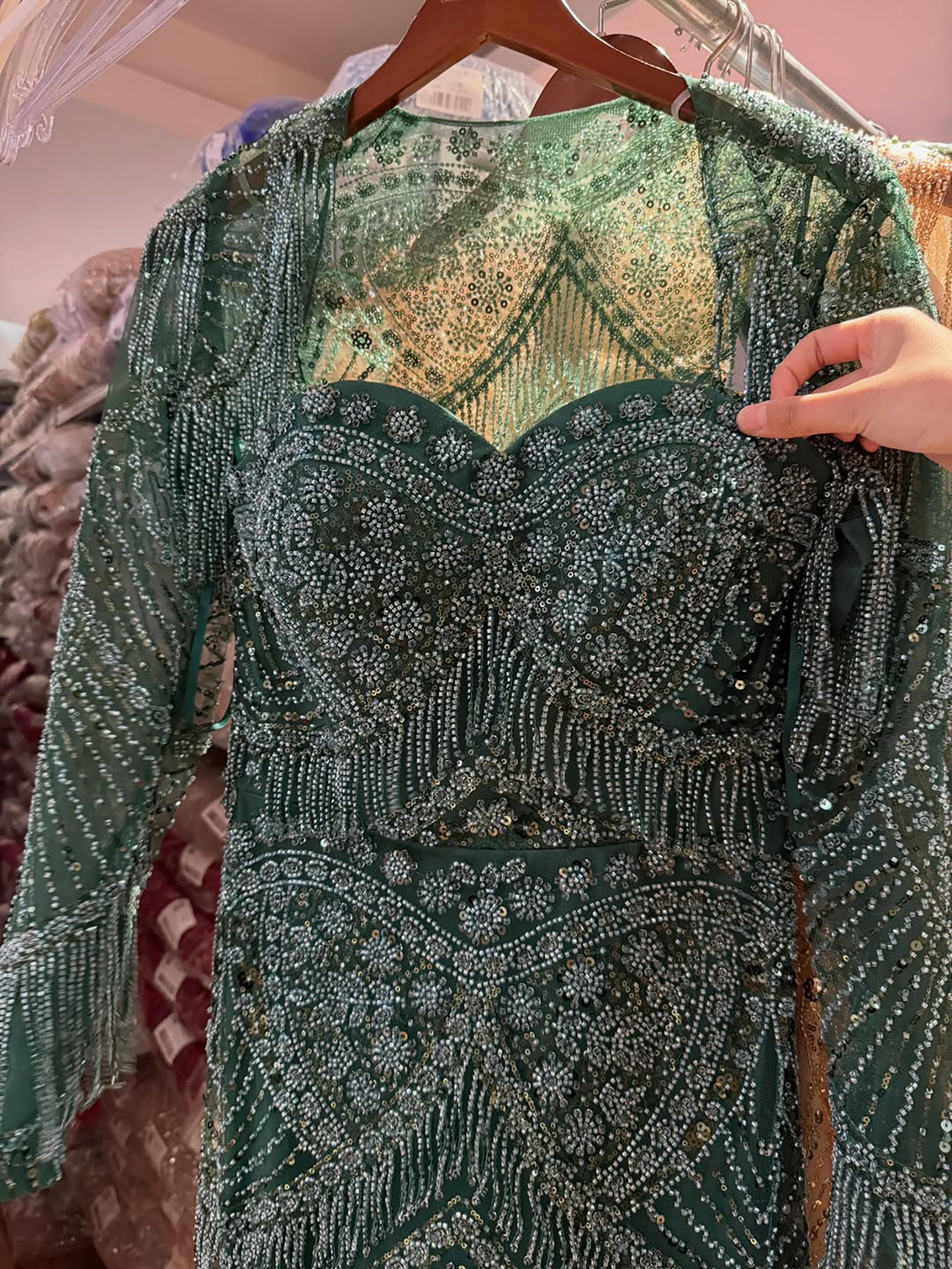 Luxury Dark Green Long Sleeve Beaded Tassel Mermaid Dress LA73804 SERENE HILL
