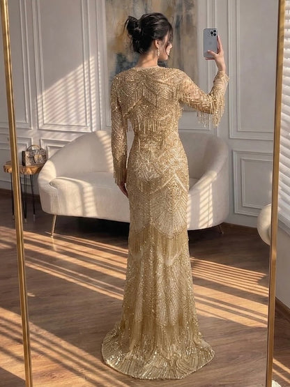 Luxury Dark Green Long Sleeve Beaded Tassel Mermaid Dress LA73804 SERENE HILL