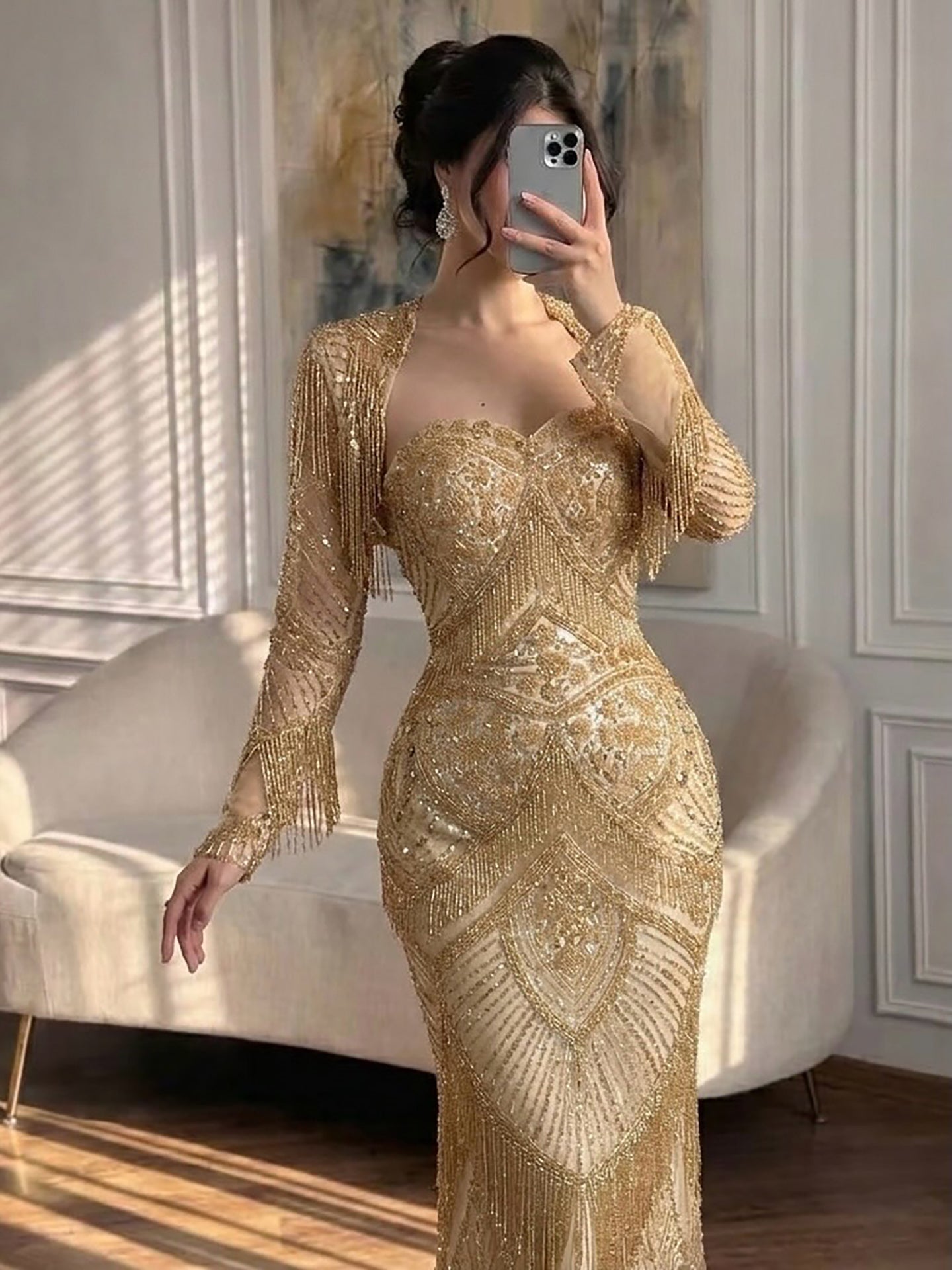 Luxury Dark Green Long Sleeve Beaded Tassel Mermaid Dress LA73804 SERENE HILL