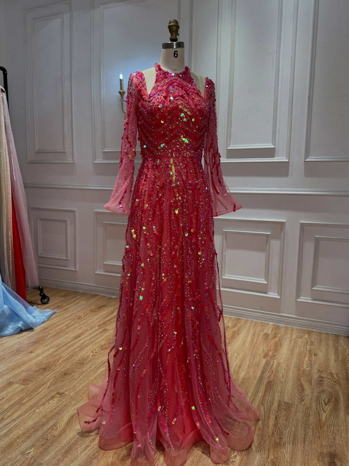Watermelon Sequin Beaded Long Sleeve Evening Gown LA73805