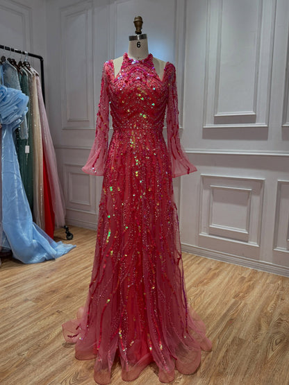 Watermelon Sequin Beaded Long Sleeve Evening Gown LA73805