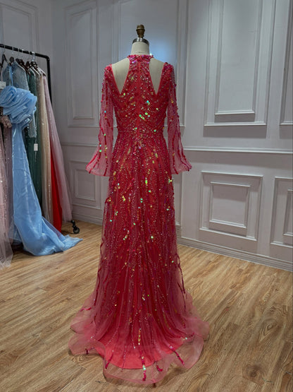 Watermelon Sequin Beaded Long Sleeve Evening Gown LA73805