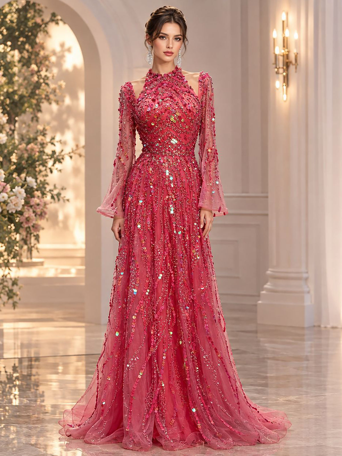 Watermelon Sequin Beaded Long Sleeve Evening Gown LA73805