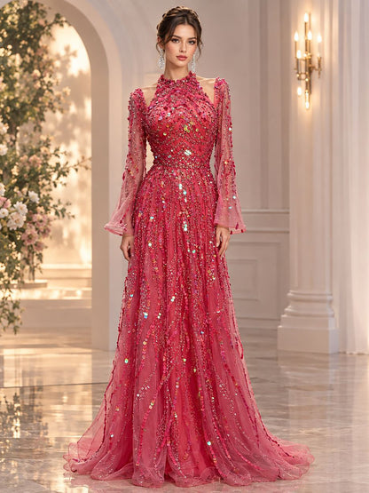 Watermelon Sequin Beaded Long Sleeve Evening Gown LA73805