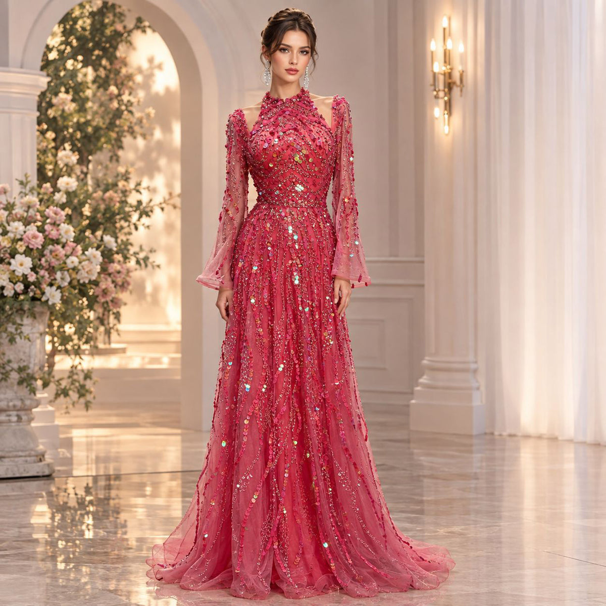 Watermelon Sequin Beaded Long Sleeve Evening Gown LA73805