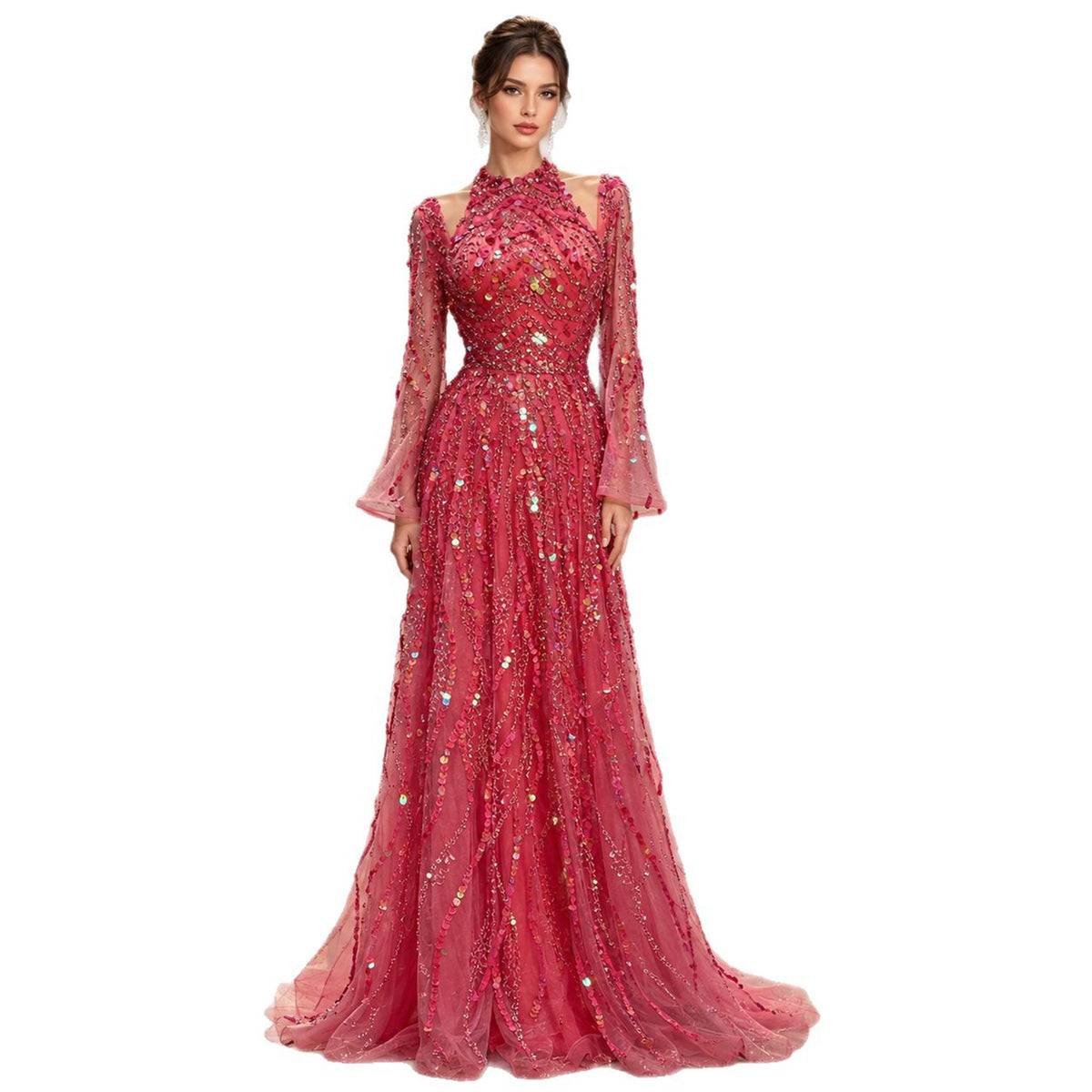Watermelon Sequin Beaded Long Sleeve Evening Gown LA73805