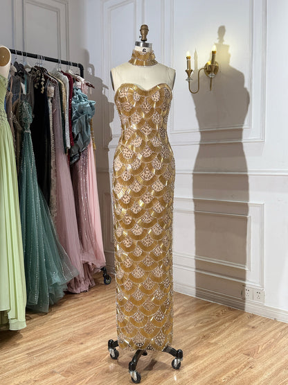 Luxury Gold Crystals Strapless Mermaid Gown with Choker LA73806