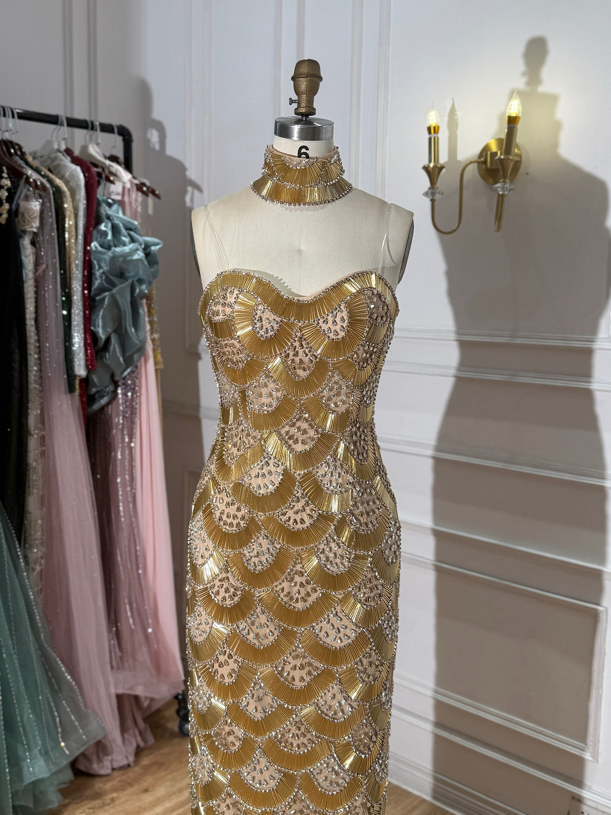 Luxury Gold Crystals Strapless Mermaid Gown with Choker LA73806