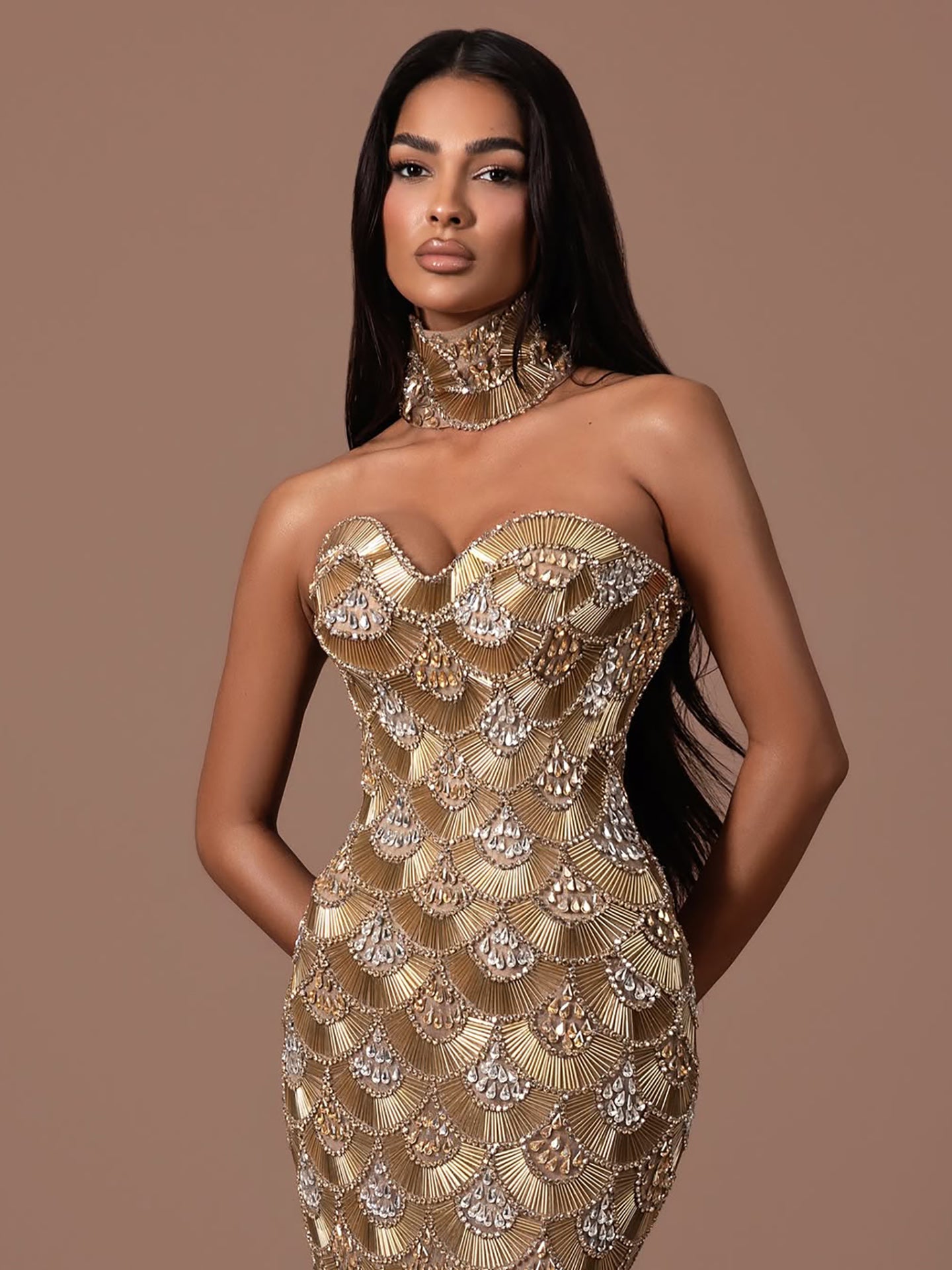 Luxury Gold Crystals Strapless Mermaid Gown with Choker LA73806 SERENE HILL