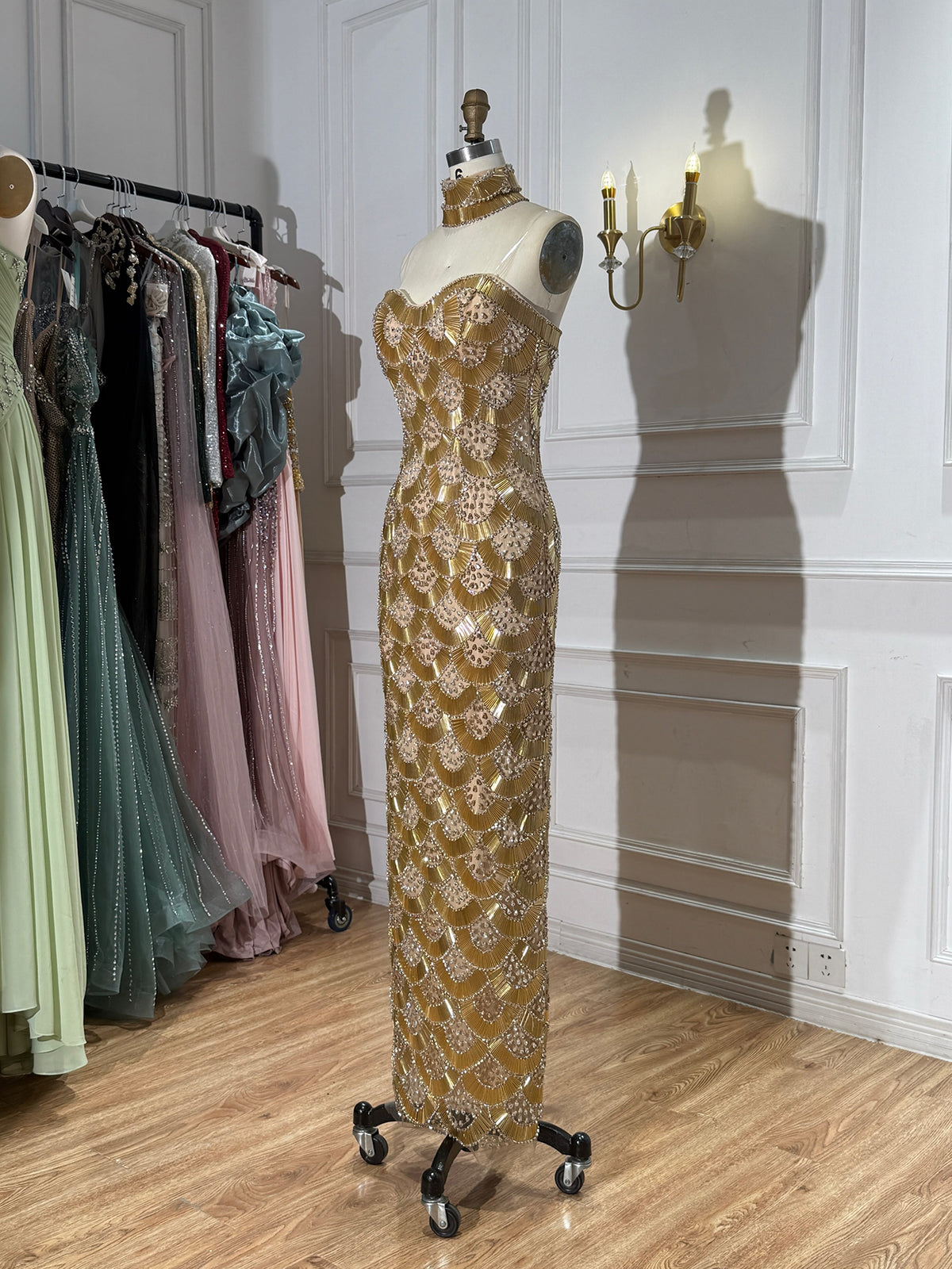 Luxury Gold Crystals Strapless Mermaid Gown with Choker LA73806