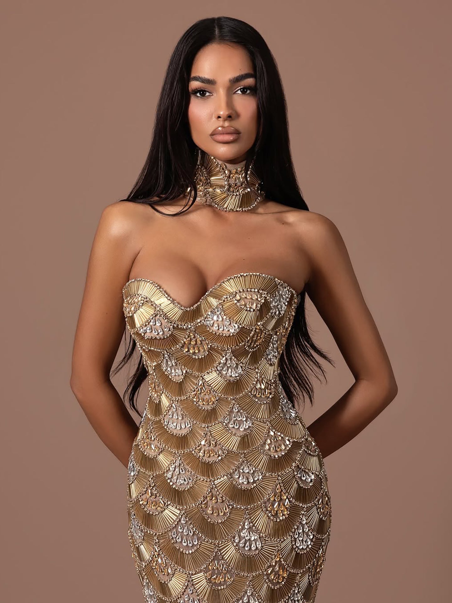 Luxury Gold Crystals Strapless Mermaid Gown with Choker LA73806 SERENE HILL