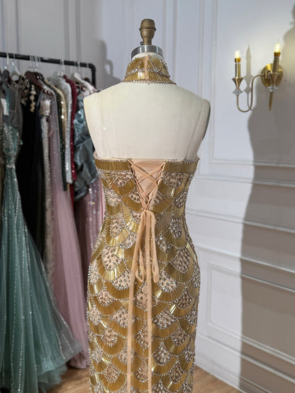 Luxury Gold Crystals Strapless Mermaid Gown with Choker LA73806