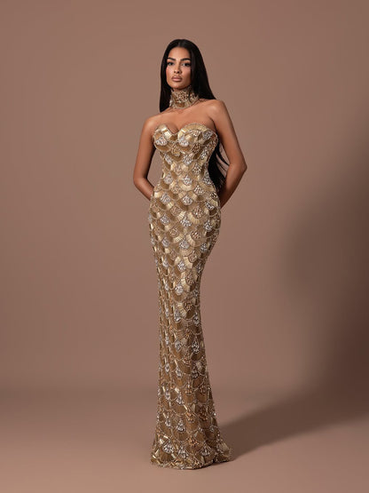 Luxury Gold Crystals Strapless Mermaid Gown with Choker LA73806 SERENE HILL