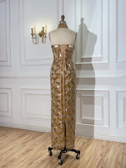 Luxury Gold Crystals Strapless Mermaid Gown with Choker LA73806