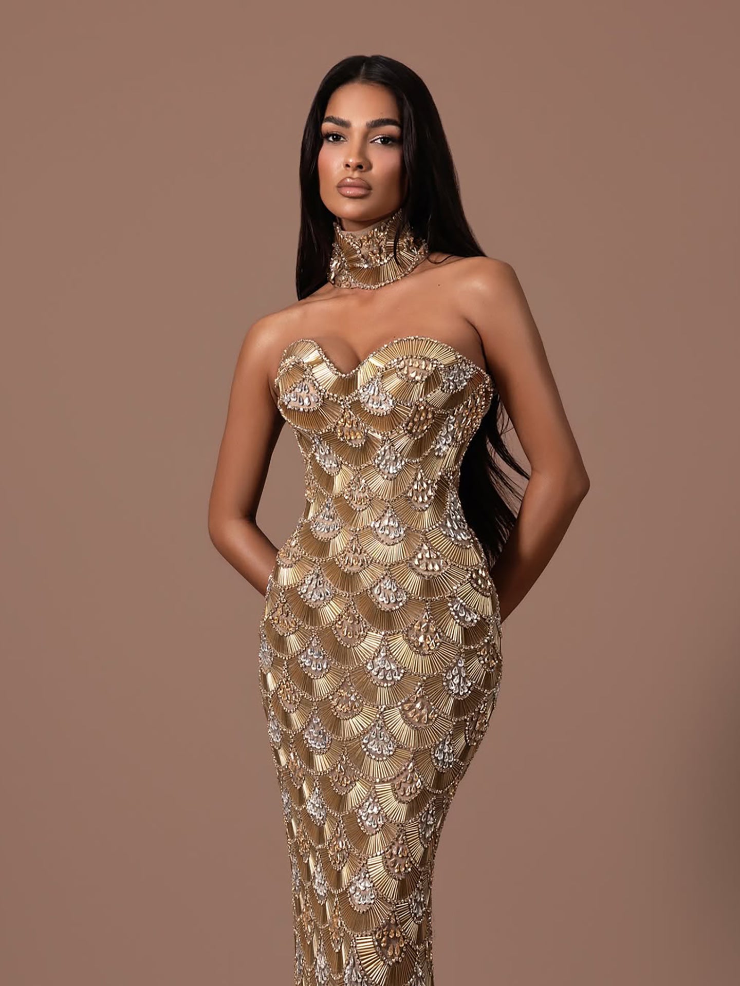 Luxury Gold Crystals Strapless Mermaid Gown with Choker LA73806 SERENE HILL
