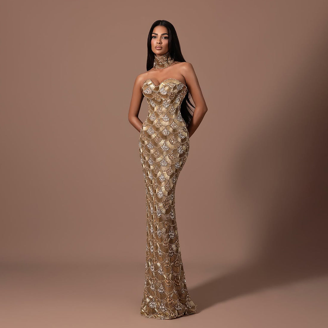 Luxury Gold Crystals Strapless Mermaid Gown with Choker LA73806 SERENE HILL