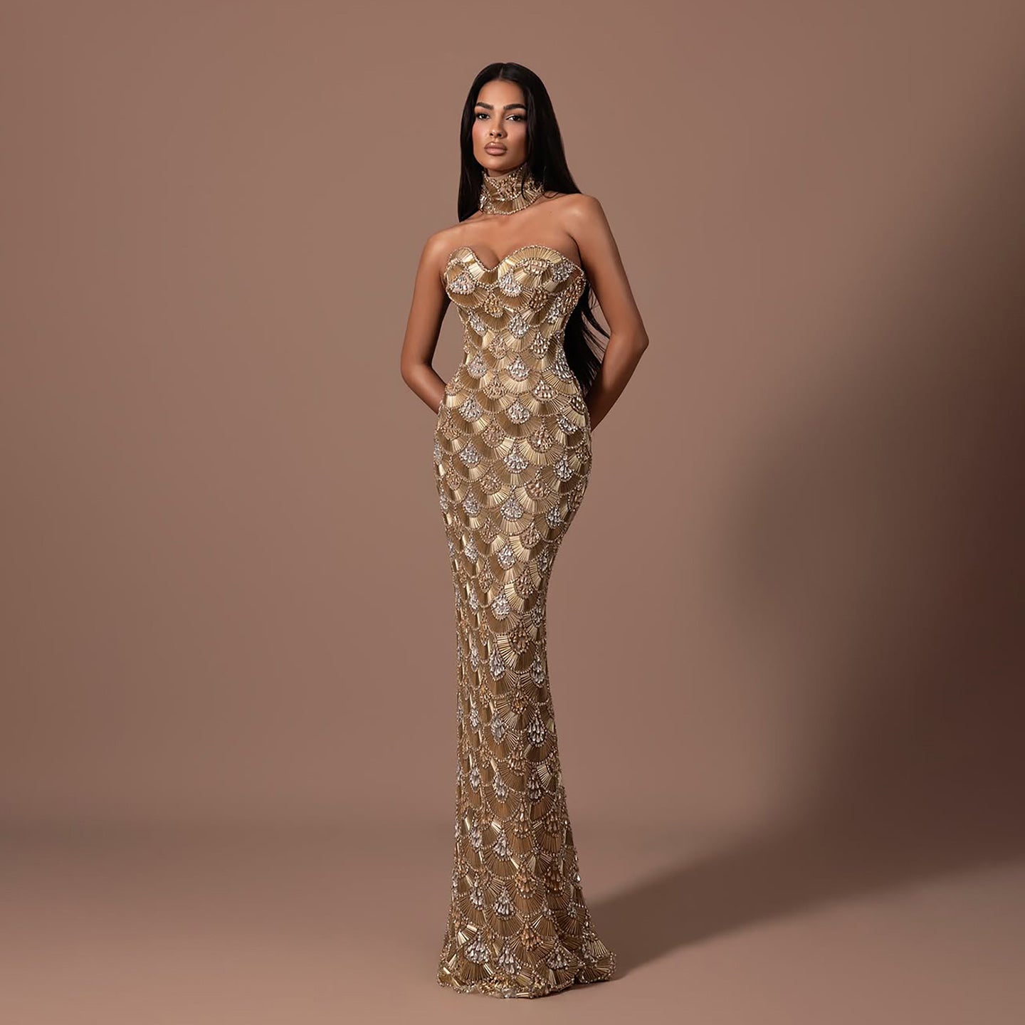 Luxury Gold Crystals Strapless Mermaid Gown with Choker LA73806 SERENE HILL