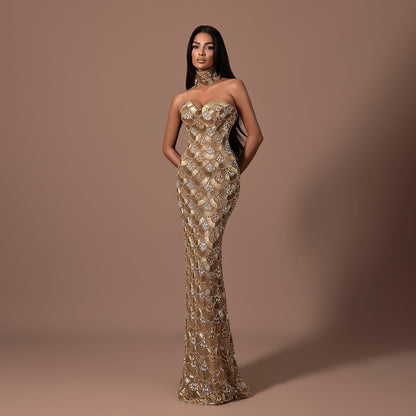 Luxury Gold Crystals Strapless Mermaid Gown with Choker LA73806 SERENE HILL