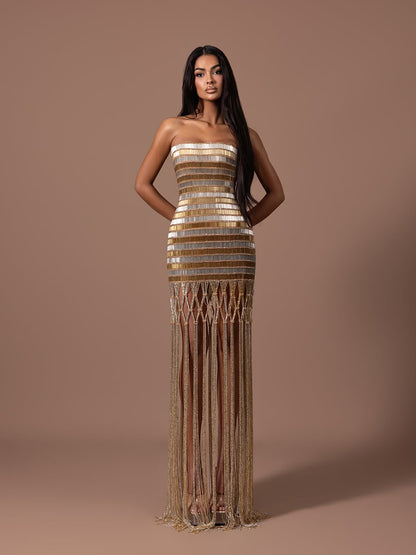 Luxury Gold Color Blocked Strapless Beaded Fringe Dress LA73807 SERENE HILL