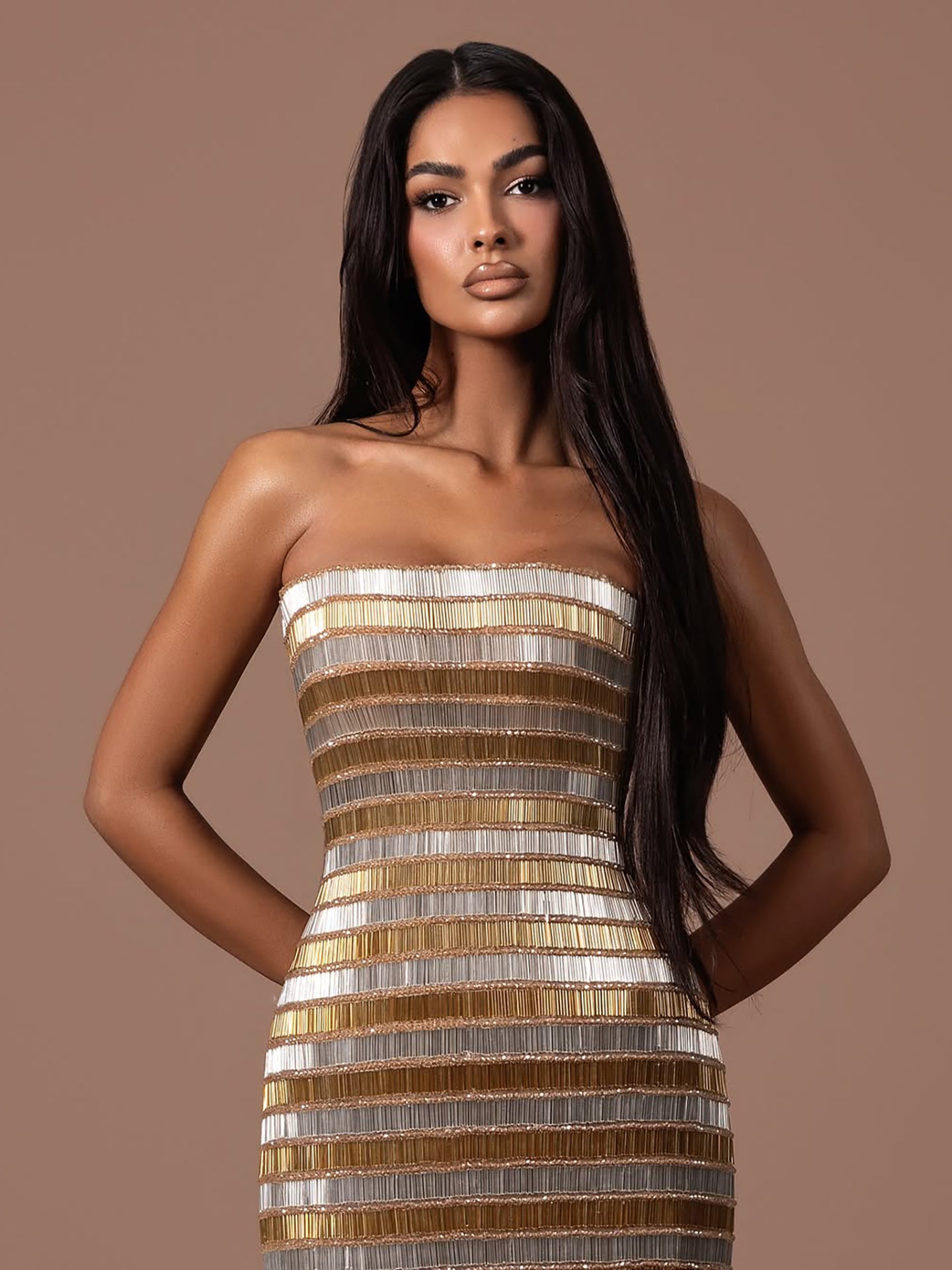 Luxury Gold Color Blocked Strapless Beaded Fringe Dress LA73807 SERENE HILL