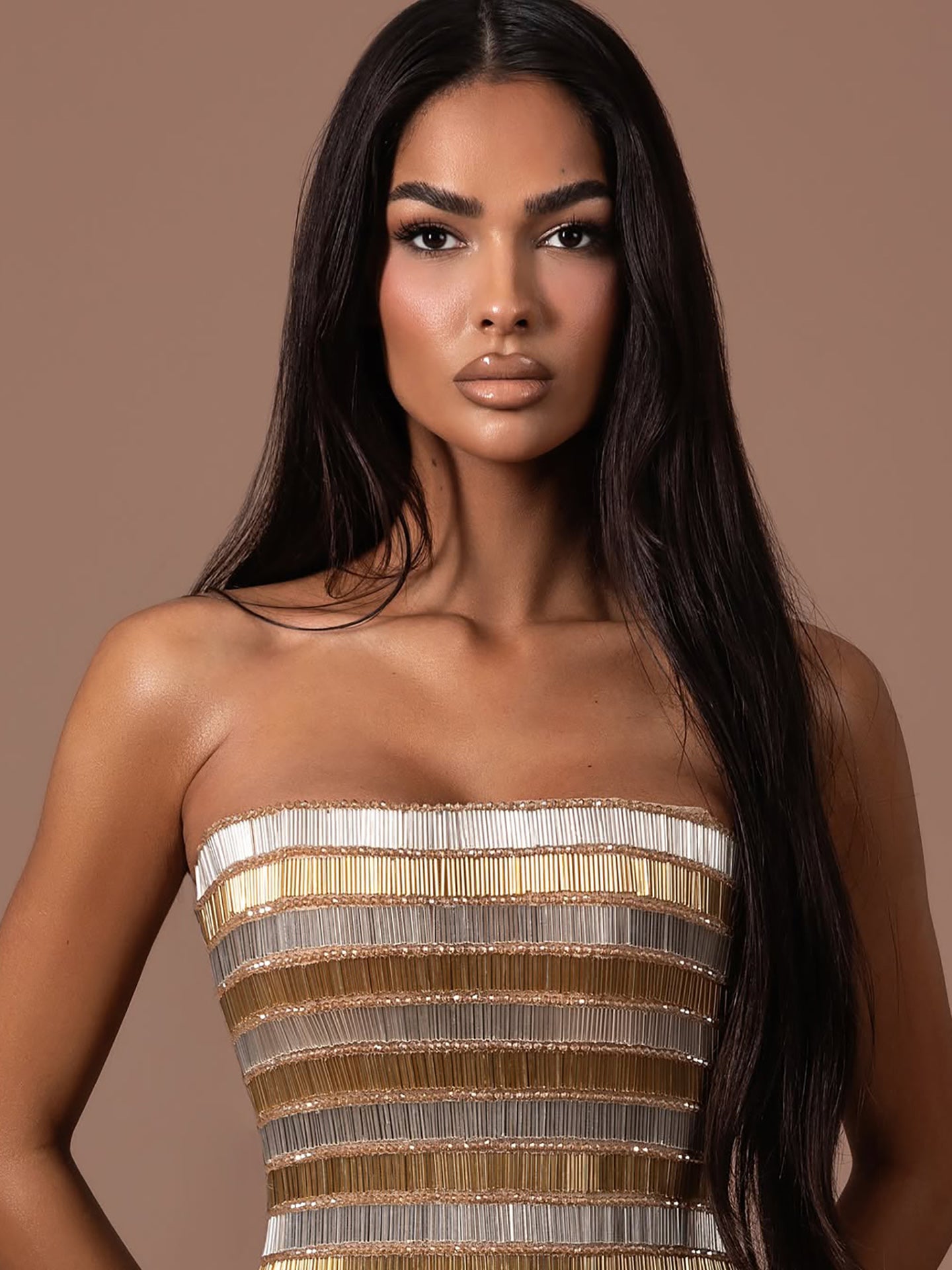 Luxury Gold Color Blocked Strapless Beaded Fringe Dress LA73807 SERENE HILL