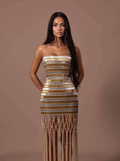 Luxury Gold Color Blocked Strapless Beaded Fringe Dress LA73807 SERENE HILL