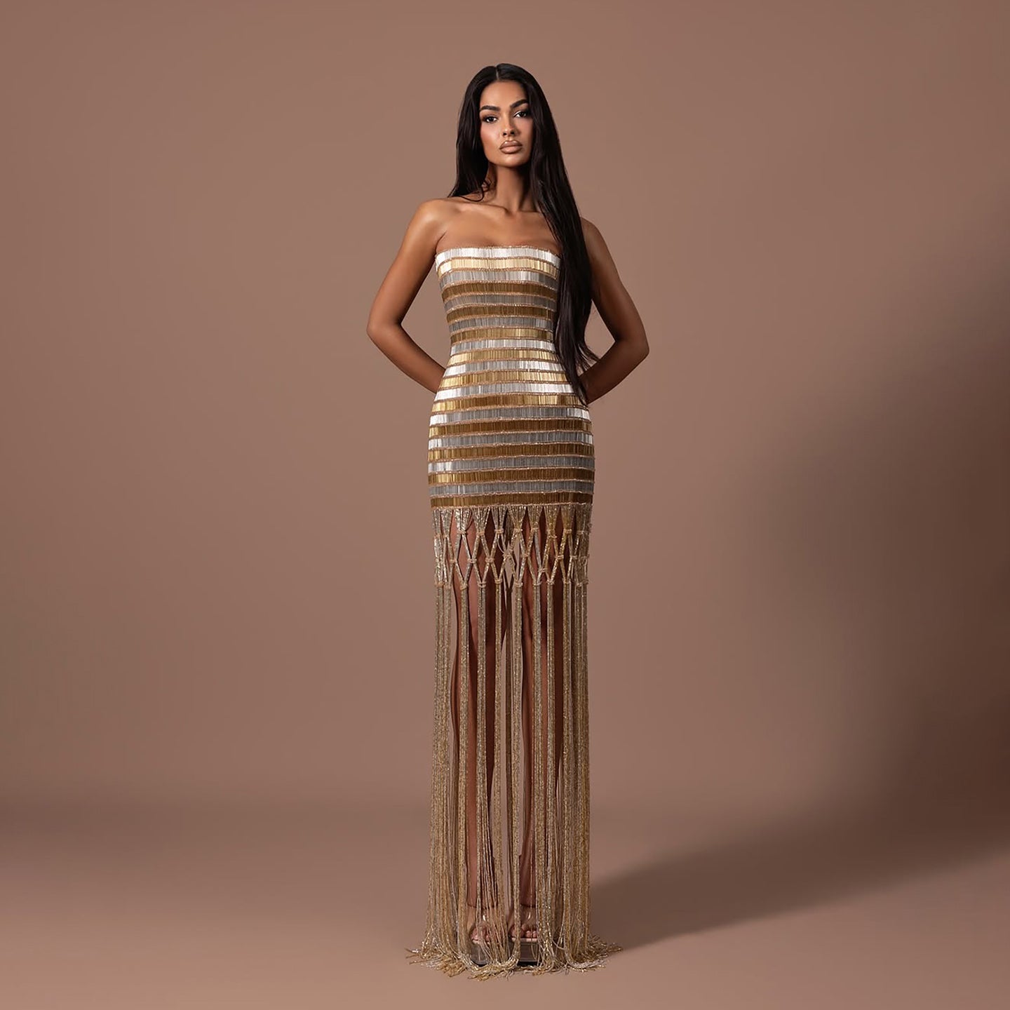 Luxury Gold Color Blocked Strapless Beaded Fringe Dress LA73807 SERENE HILL